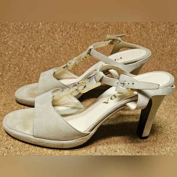 ☆EUC☆  Prada  •  Ankle/T-Strap Suede Heeled Sandals with Detail, Size US 8.5 - Picture 1 of 8
